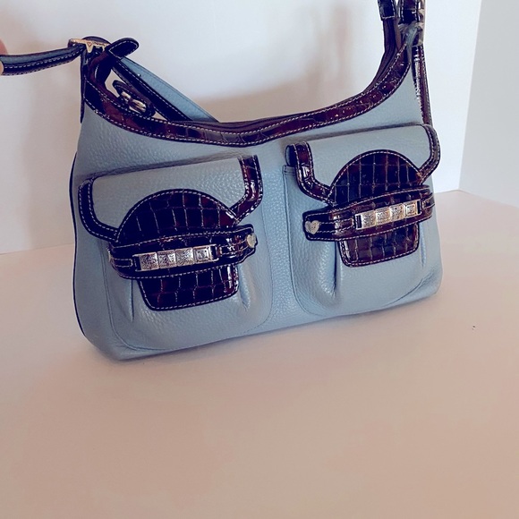 Powder Blue Brighton purse w/brown patent trim. - Picture 2 of 14